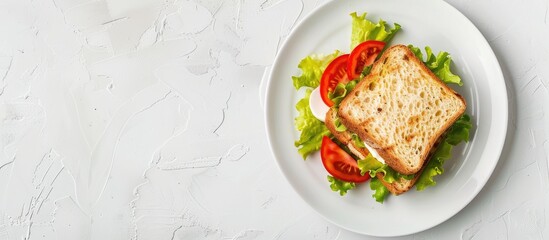 Poster - Sandwich of fresh salad presented on a white plate with ample copy space image