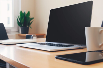 A sleek modern desk with a minimalist design. Remote work workplace