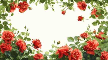 Wall Mural - Frame made from red rose flowers on white background. Love and passion. Romantic template for design greeting card, banner, poster for Valentine's day, Mother’s Day, Woman’s day