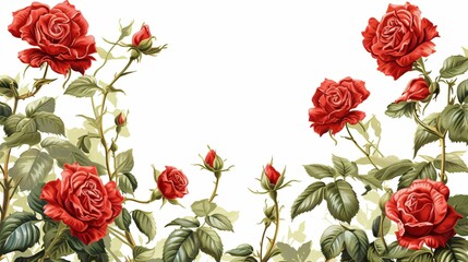 Wall Mural - Frame made from red rose flowers on white background. Love and passion. Romantic template for design greeting card, banner, poster for Valentine's day, Mother’s Day, Woman’s day