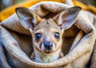 Adorable baby kangaroo peers out from cozy pouch, soft fur and big round eyes captivating, in a wildlife sanctuary's nurturing environment.