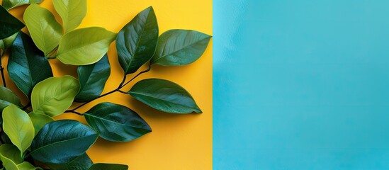 Wall Mural - green leaves set on blue and yellow backdrop with copy space image