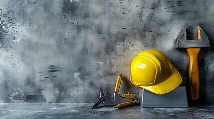 Sticker - Celebrating labor, this concept features construction tools and a yellow helmet against a grey background, highlighting the importance of labor and safety in the industry.