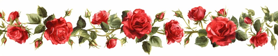 Wall Mural - Border made from red rose flowers on white background. Love and passion. Romantic template for design greeting card, banner, poster for Valentine's day, Mother’s Day, Woman’s day