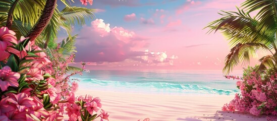 Canvas Print - Tropical beach scene with pink flowers green palm trees against a pink sky backdrop over blue sea and white sand with a copy space image