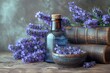 © AlexTroi - Vintage books with a dark glass bottle of lavender essential oil and sprigs of lavender flowers evoke a rustic, calming mood. Perfect for aromatherapy or wellness imagery.