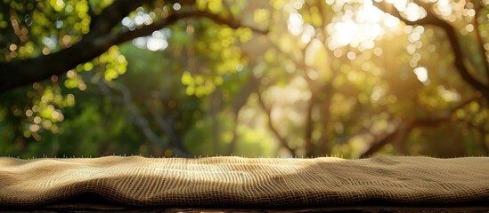 Poster - Product display template featuring an empty table adorned with sackcloth set against a backdrop of blurry trees and bokeh ideal for adding images. Copy space image. Place for adding text and design