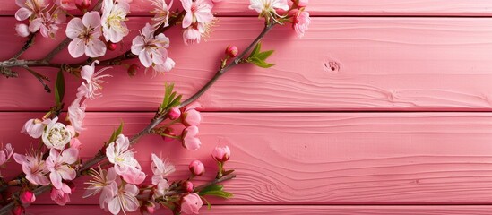 Sticker - Pink wooden background with spring flowers copy space image