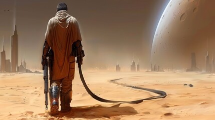 Lone figure in a futuristic desert landscape