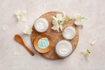 Wall Mural - skincare products and jasmine flowers. zero waste eco friendly natural cosmetics for home spa