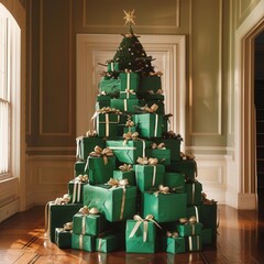 festive christmas tree crafted entirely from stacked green gift boxes and presents adorned with ribbons and bows creative holiday display