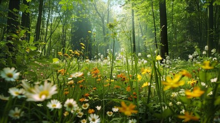 Wall Mural - Sunlit Forest Meadow with Wildflowers.