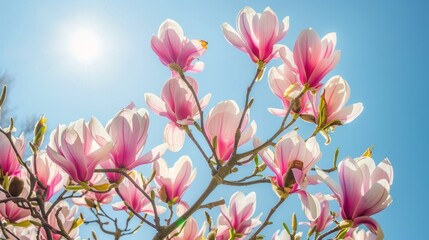 Canvas Print - Pink Magnolia Flowers Against Blue Sky.