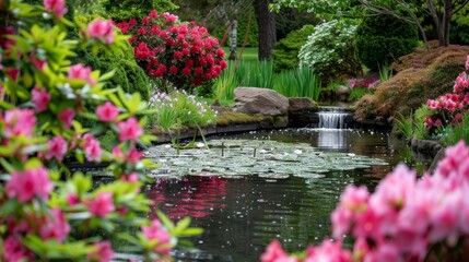 Wall Mural - Tranquil Pond in a Blooming Garden.