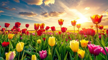 Canvas Print - Colorful Tulips Field at Sunset.