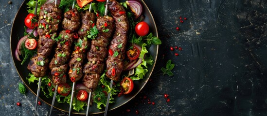 Canvas Print - Adana kebab a mix of beef and lamb skewered and grilled served with tomato salad and onion on a dark background in a top view with copy space image included