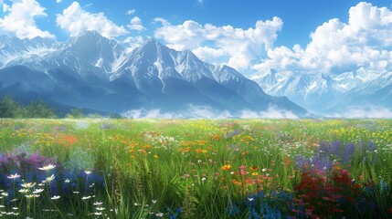 Wall Mural - Mountain meadow with wildflowers.