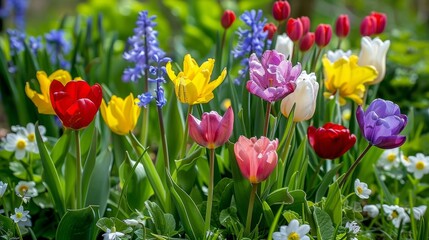 Sticker - Colorful Tulips and Hyacinths in Spring Garden.