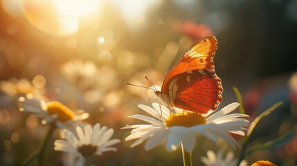 Canvas Print - Butterfly on a Daisy in Golden Sunlight.