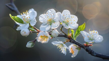 Wall Mural - Delicate Cherry Blossom with Dew Drops.