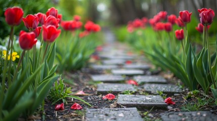 Canvas Print - Red Tulips Along a Stone Path.