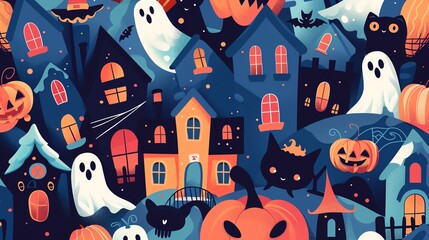 Wall Mural - Candy, cute pumpkins, cartoon ghosts, witches, black cats, haunted houses, flat design illustration