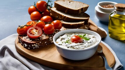 Wall Mural -  Freshly prepared appetizer with bread tomatoes and dip