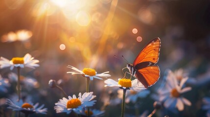 Canvas Print - Butterfly on Daisy in Golden Sunlight.