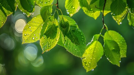 Poster - Dew Drops on Green Leaves.