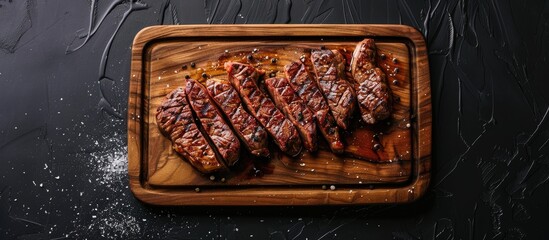 Sticker - Top view of a wooden tray with succulent Brazilian picanha steak on a black backdrop featuring a copy space image