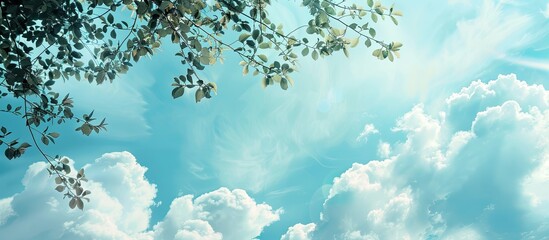 Canvas Print - Copy space image with a blue sky backdrop adorned by clouds enveloped by tree branches and leaves