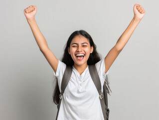 Poster - Excited young indian female college student rising hands