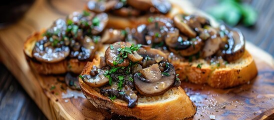 Poster - Selective focus on mushrooms topping bruschetta with homemade mushroom caviar providing a perfect copy space image