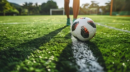 close-up photo of a professional soccer player playing football on a green grass pitch at a big stadium. dribbling the ball against opponents. soccer match on a field. Generative AI