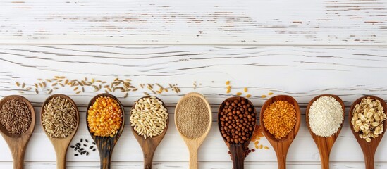 Wall Mural - Various grains and cereals displayed in wooden spoons on a white wooden surface Includes a copy space image