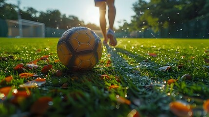 close-up photo soccer player playing football grass ground outdoor stadium male player field day