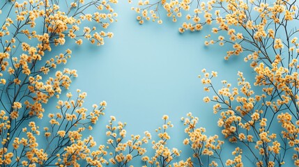 Wall Mural - Frame made from yellow flowers on blue background. Spring and summer concept. Template for greeting card, banner, poster for Easter, Women's Day, Mother's Day. Flat lay, top view with copy space