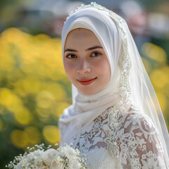 Wall Mural - young muslim woman holding flower bouquet