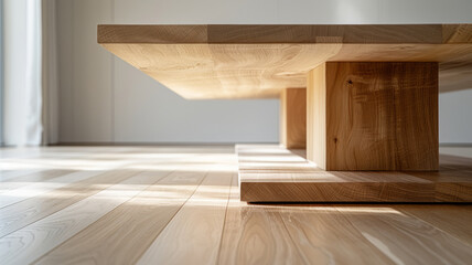 Wall Mural - Low-angle view of a modern wooden table with sunlight on floor