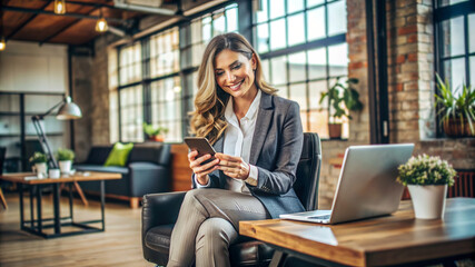 Business professional woman holding a smartphone and using a laptop in a modern office, multitasking and staying connected.