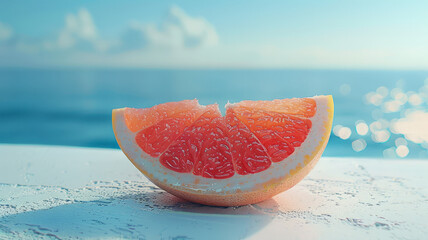 Wall Mural - Grapefruit slice on a seaside surface with ocean and sky background.