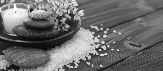 Sticker - Monochrome spa setup with salt dry flowers candles and white pebbles on a rustic background including a hot stone massage beauty treatment and relaxation with copy space image