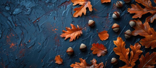 Wall Mural - Autumn background with acorns on a dark setting featuring copy space image