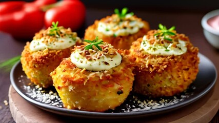 Poster -  Deliciously baked potato bites with creamy dip and fresh herbs