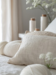 Wall Mural - Soft linen pillows on a cozy and elegant bed.