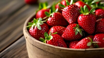 Wall Mural -  Fresh strawberries in a wooden bowl ready to be enjoyed