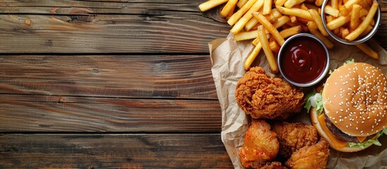 Sticker - A top down view of a barbecue hamburger fries and fried chicken on a wooden surface with space available for additional text in the image