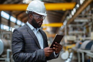 African American engineer in a suit and hard hat using a tablet in a factory