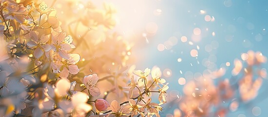 Poster - Flowering tree against a soft blue sky with spring flowers creating a gentle background with copy space for text and a naturally defocused bokeh effect exuding a tender ambiance