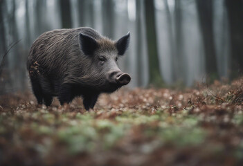 A wild boar foraging in the forest, overcast day
